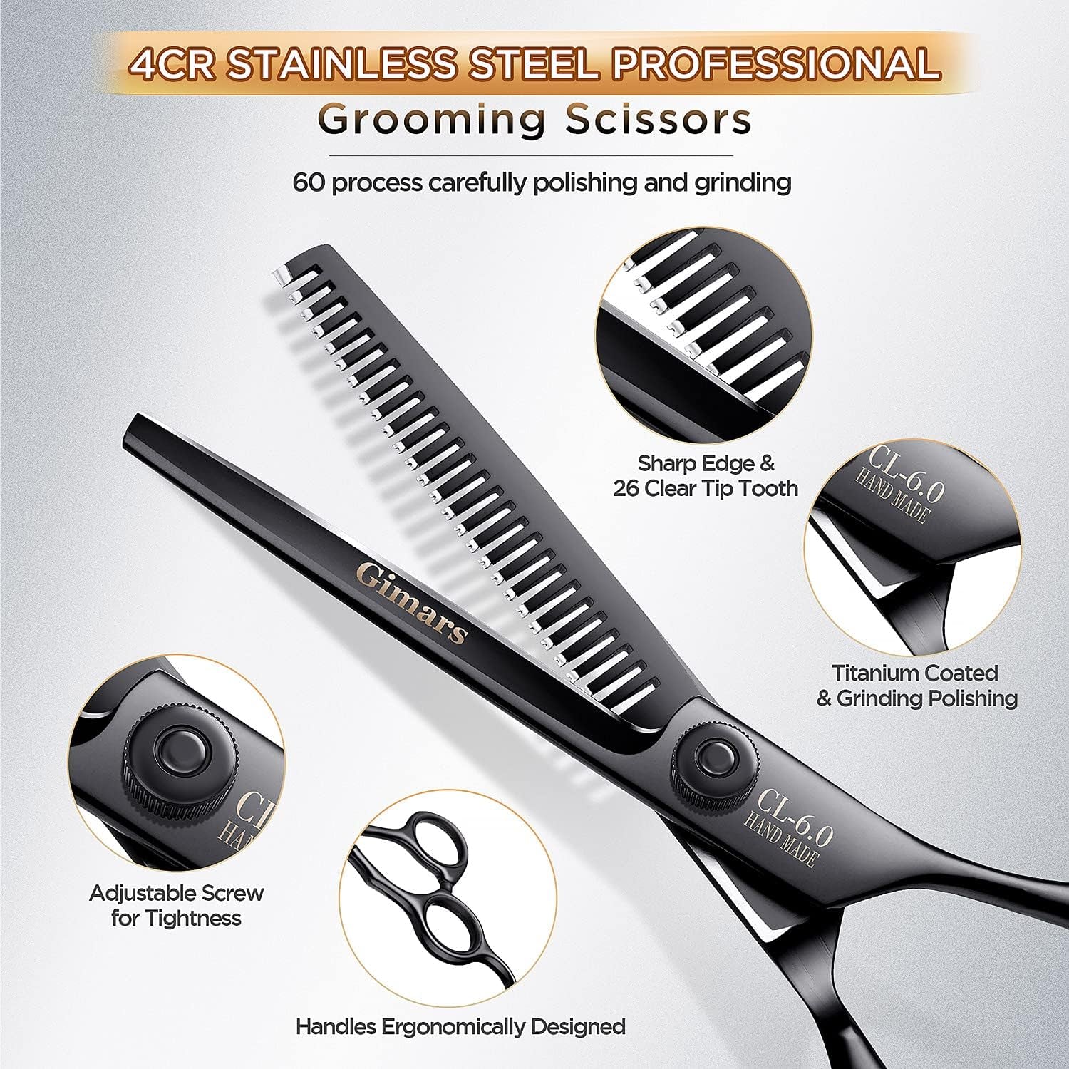 7Inch Professional 4CR Stainless Steel 6 in 1 Grooming Scissors for Dogs with Safety round Tip, Heavy Duty Titanium Coated Pet Grooming Scissor for Dogs, Cats and Other Animals