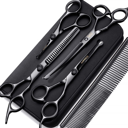 7Inch Professional 4CR Stainless Steel 6 in 1 Grooming Scissors for Dogs with Safety round Tip, Heavy Duty Titanium Coated Pet Grooming Scissor for Dogs, Cats and Other Animals