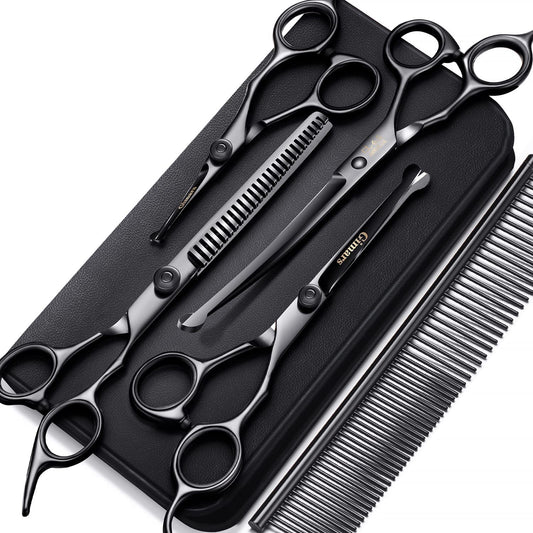 7Inch Professional 4CR Stainless Steel 6 in 1 Grooming Scissors for Dogs with Safety round Tip, Heavy Duty Titanium Coated Pet Grooming Scissor for Dogs, Cats and Other Animals