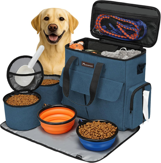 Dog Travel Bag, Weekend Pet Travel Set for Dog and Cat, Airline Approved Tote Organizer with Multi-Function Pockets, 2 Food Storage Containers, 2 Collapsible Bowls, 1 Feeding Mat (Blue)